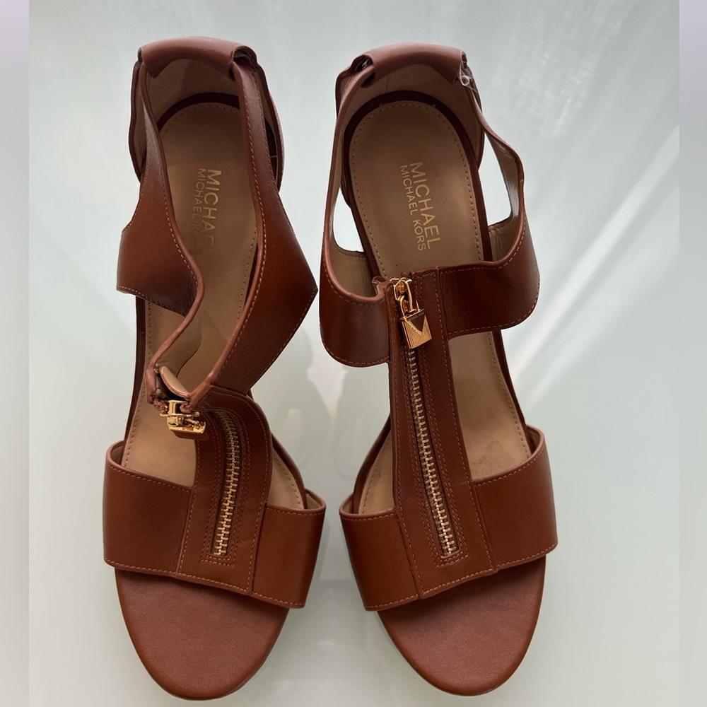 Michael Kors Berkeley Chestnut Heeled Sandals with Gold Zipper Accents